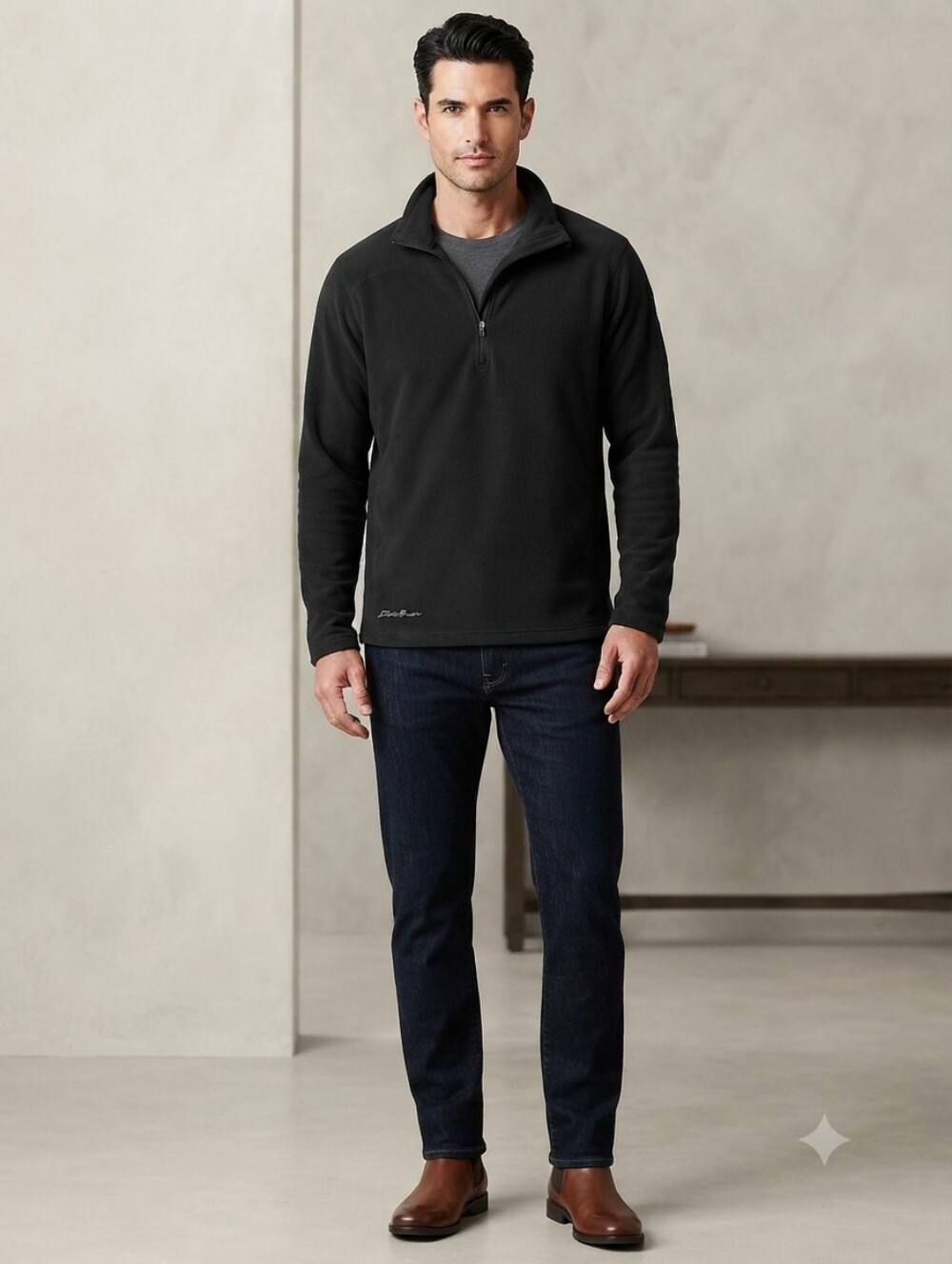Eddie Bauer Quarter Zip Grid Black Fleece Pullover With Waffle Pattern